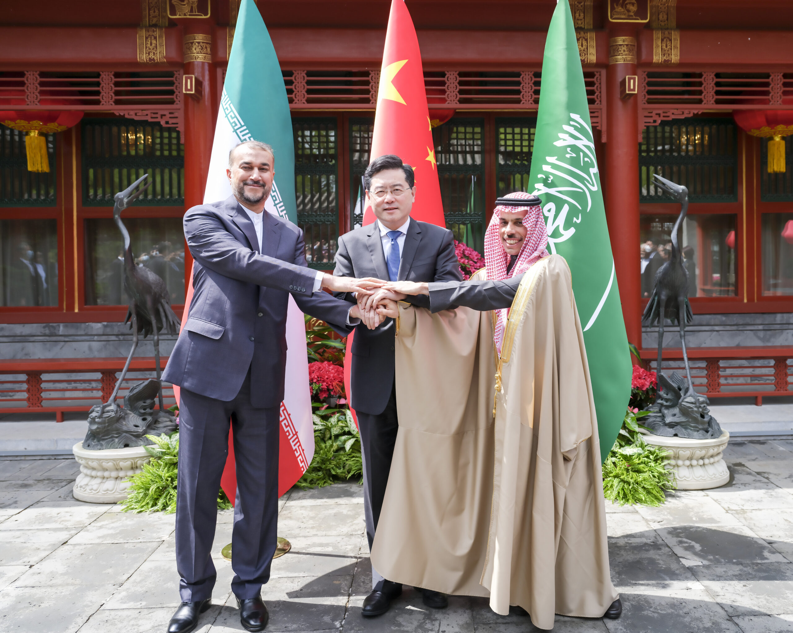 Chinese State Councilor and Foreign Minister Qin Gang meets with Saudi Arabian Foreign Minister Prince Faisal bin Farhan Al Saud and Iranian Foreign Minister Hossein Amir-Abdollahian in Beijing, capital of China, April 6, 2023. (Photo: Xinhua) 