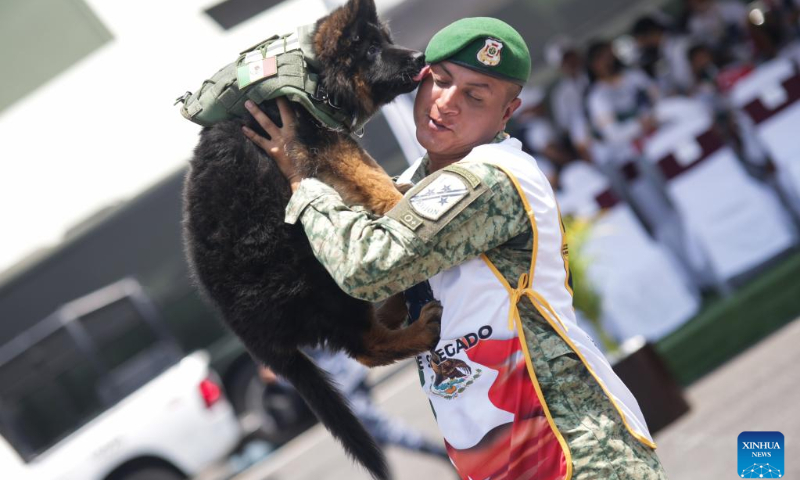 German shepherd puppy Arkadas is cuddled by a soldier at a military base in Naucalpan, Mexico, May 3, 2023. Mexico on Wednesday welcomed Arkadas, a new search puppy given as a gift by Türkiye out of gratitude to Proteo, a Mexican search dog which died while carrying out duties when a massive earthquake struck Türkiye in February. (Photo by Francisco Canedo/Xinhua)