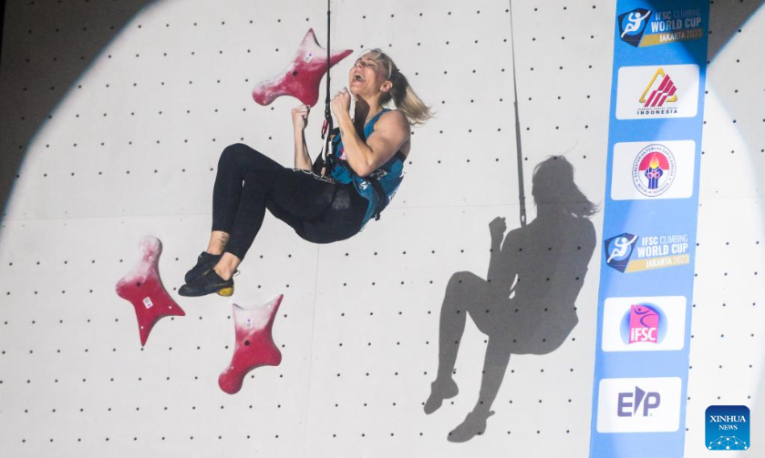Aleksandra Miroslaw of Poland reacts after the women's speed final of IFSC Climbing World Cup 2023 in Jakarta, Indonesia, May 7, 2023. (Xinhua/Zulkarnain)