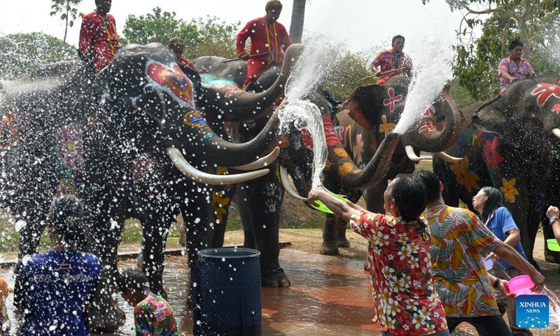 Elephants and tourists splash water on each other during a celebration for the upcoming Songkran Festival, in Ayutthaya, Thailand, April 11, 2023. Songkran Festival, the traditional Thai New Year, is celebrated from April 13 to 15 every year, during which people express greetings by splashing water on each other.(Photo: Xinhua)