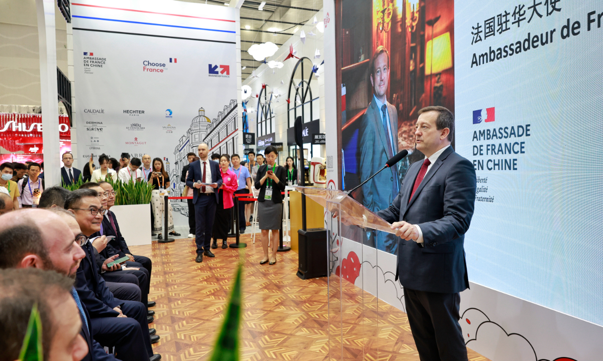 The French Ambassador to China Bertrand Lortholary delivers a speech at the opening ceremony of the French Pavilion at the third China International Consumer Products Expo (CICPE) in Haikou, South China’s Hainan Province, on April 11. Photo: Li Hao/GT