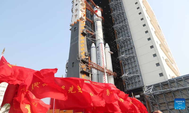 This photo taken on May 7, 2023 shows the combination of the Tianzhou-6 cargo spacecraft and a Long March-7 Y7 carrier rocket being transferred in south China's Hainan Province. The combination of the Tianzhou-6 cargo spacecraft and a Long March-7 Y7 carrier rocket has been transferred to the launching area. The cargo spacecraft will be launched in the near future at an appropriate time. (Photo by Huang Guochang/Xinhua)