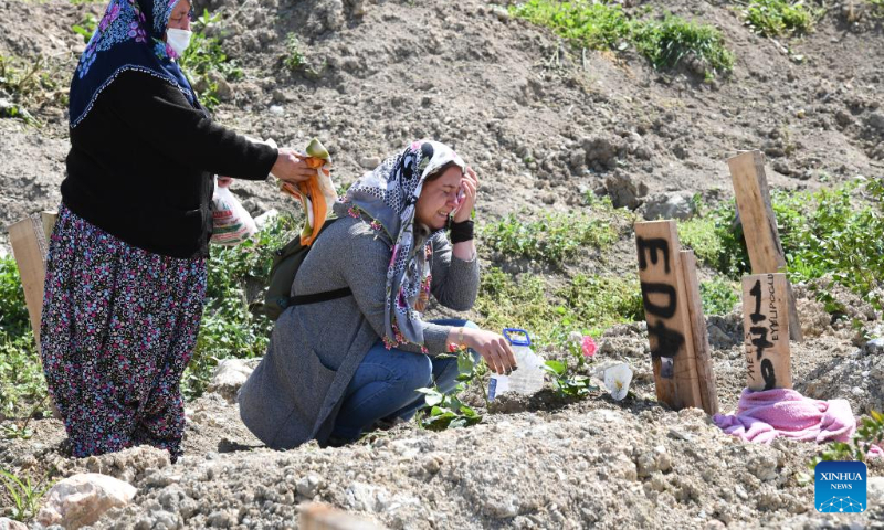 23 Nisan 2023'te Hatay'ın Antakya ilçesindeki bir mezarlıkta 6 Şubat'ta meydana gelen depremde hayatını kaybedenlerin yakınları yas tutuyor.  Ramazan Bayramı'nın gelmesiyle birlikte birçok Antakyalı, yakınlarının yasını tutmak için mezarların başına gitti.  Depremde öldüler.  (Fotoğraf: Mustafa Kaya/Xinhua)