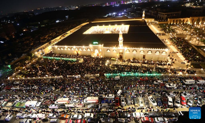 Muslims attend Laylat al-Qadr night prayers during Ramadan at Amr ibn Al-A'as Mosque in Cairo, Egypt, on April 17, 2023.(Photo: Xinhua)