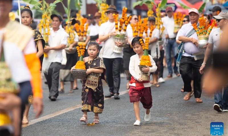 Children participate in the celebration of the Songkran Festival or the Lao New Year, in Luang Prabang, Laos, April 16, 2023. The Lao New Year, celebrated from April 14 to 16, is the most important festival in the Lao calendar and also a time of endless fun for the Laotians.(Photo: Xinhua)