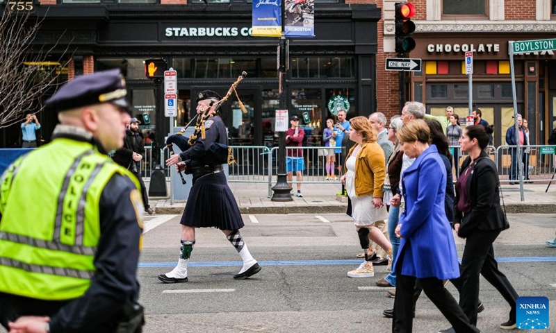 Family members of the Boston Marathon bombings victims walk towards the memorial site during a remembrance event in Boston, the United States, April 15, 2023. April 15, 2023 marks the 10-year anniversary of the Boston Marathon Bombings back in 2013.
On April 15, 2013, two bombs went off near the finish line of the Boston Marathon, killing three people and wounded more than 260 others. (Photo by Ziyu Julian Zhu/Xinhua)
