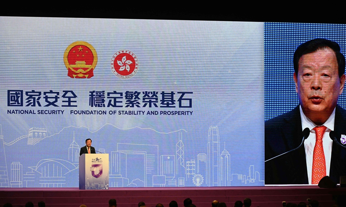 Xia Baolong, director of the Hong Kong and Macao Office of the State Council, speaks at the National Security Education Day opening ceremony in Hong Kong on April 15, 2023.