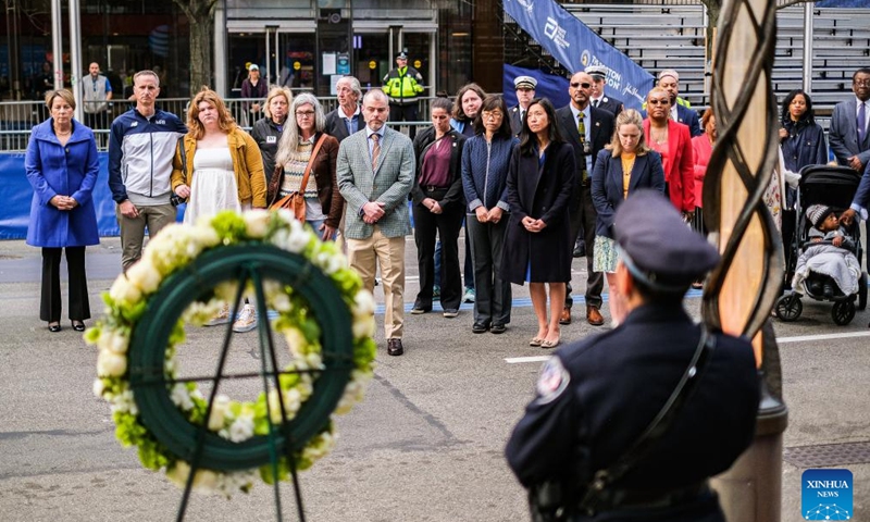 Family members of the Boston Marathon bombings victims attend a remembrance event in Boston, the United States, April 15, 2023. April 15, 2023 marks the 10-year anniversary of the Boston Marathon Bombings back in 2013.
On April 15, 2013, two bombs went off near the finish line of the Boston Marathon, killing three people and wounded more than 260 others. (Photo by Ziyu Julian Zhu/Xinhua)
