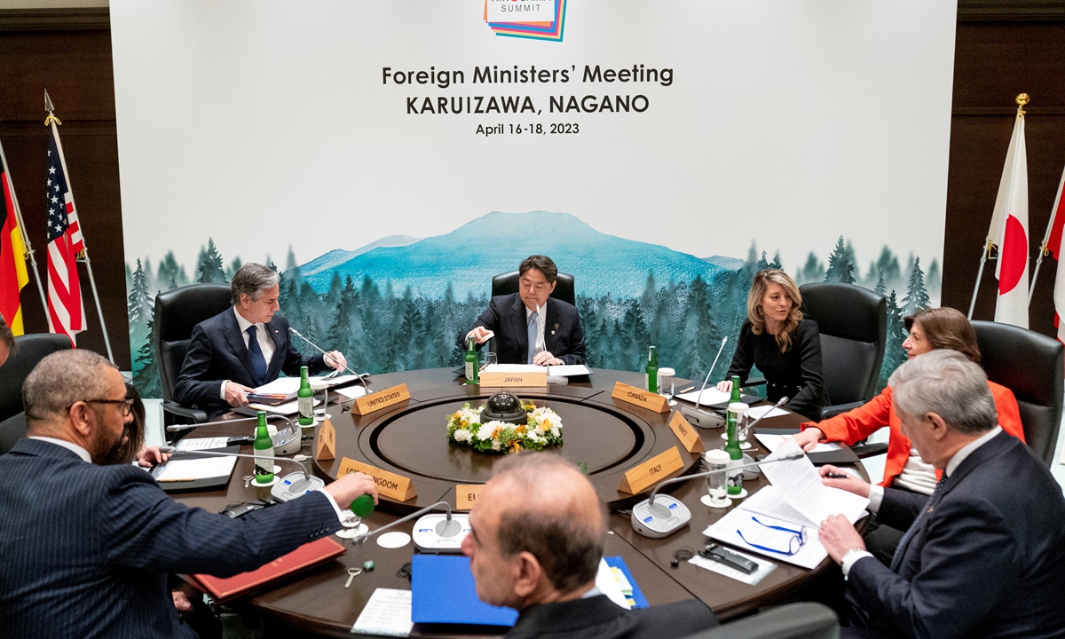 Foreign ministers from G7 countries and Deputy Secretary General for political affairs of the European External Action Service pose for a photo at the start of the first working session of a G7 foreign ministers' meeting at the Prince Karuizawa Hotel in Karuizawa on April 17, 2023. Photo: VCG