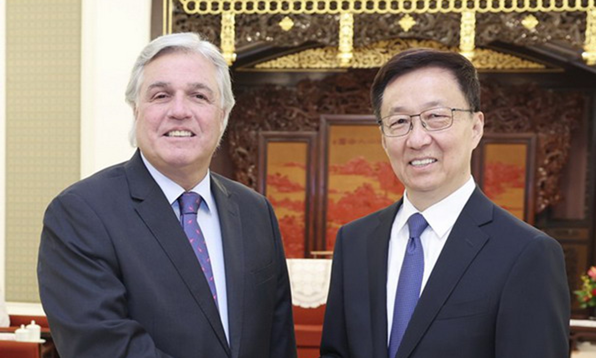 Chinese Vice President Han Zheng told visiting Foreign Minister of Uruguay Francisco Bustillo Bonasso in Beijing Photo：Ministry of Foreign Affairs