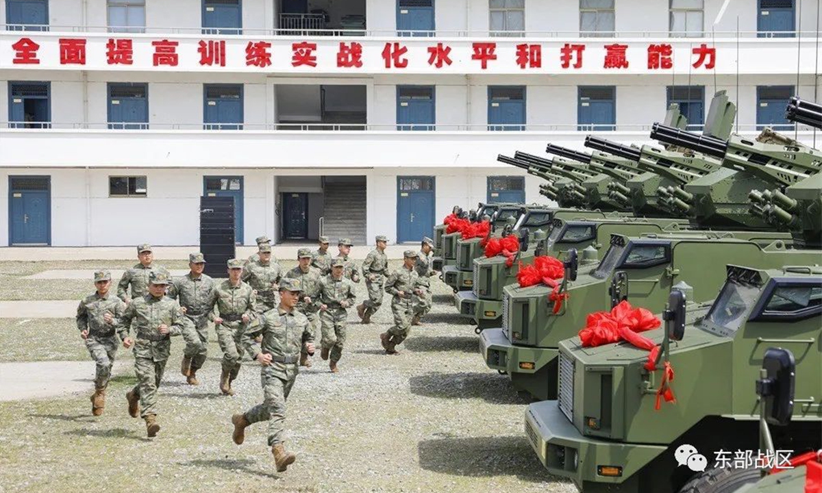Troops of an air defense brigade affiliated with the Chinese People's Liberation Army (PLA) 71st Group Army takes delivery of dozens of new self-propelled anti-aircraft systems earlier in April 2023. Photo: Screenshot of WeChat account of PLA Eastern Theater Command