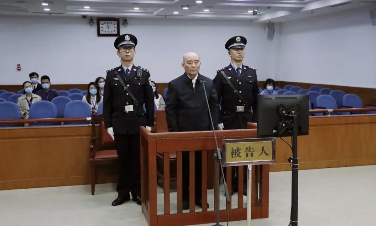 Yang Fulin, former deputy commander of the Xinjiang Production and Construction Corps, under first instance in the court on April 18, 2023. Photo: Ji'nan Intermediate People's Court
