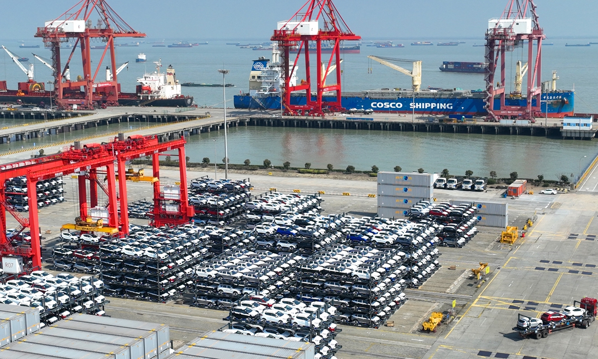 More than 2,500 automobiles ready for export at the Taicang Port in East China's Jiangsu Province on March 2, 2023. Photo: VCG