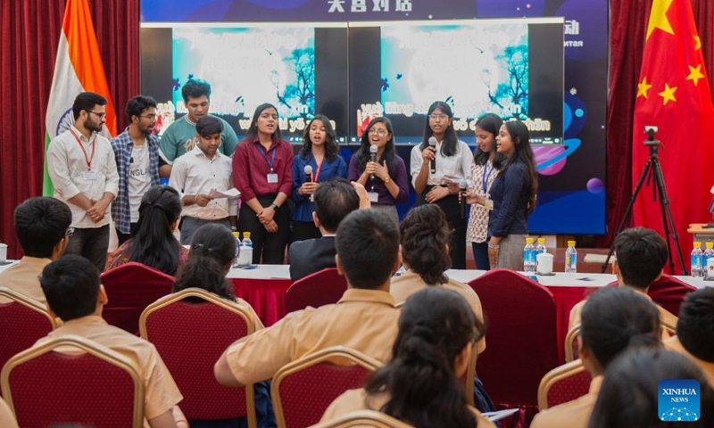 Indian students sing songs in Chinese while attending a dialogue with Chinese taikonauts on board the orbiting Chinese Tiangong space station in New Delhi, India, April 20, 2023. Over 50 Indian youth on Thursday attended a dialogue with Chinese taikonauts on board the orbiting Chinese Tiangong space station.(Photo: Xinhua)