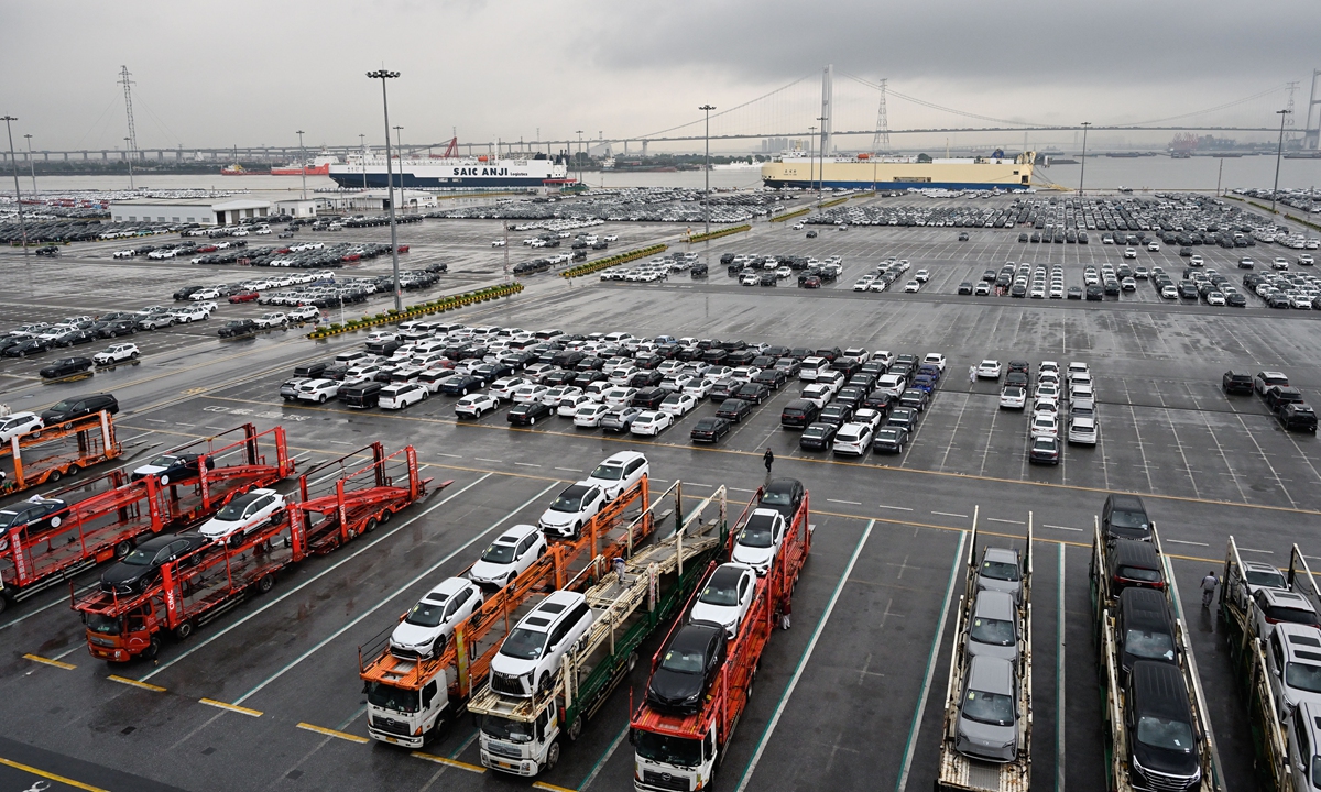 Rows of cars wait in a depot before being exported at the Nansha Automobile Port in Guangzhou, South China's Guangdong Province on April 19, 2023. Photo: Chen Tao/GT