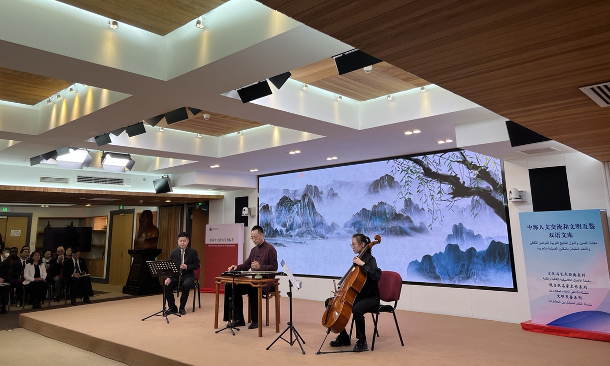 A group of musicians perform a traditional Chinese song on the traditional stringed instrument <em>guqin</em> (middle), a flute, and cello, on April 20, 2023 in Beijing. Photo: Lou Kang/GT