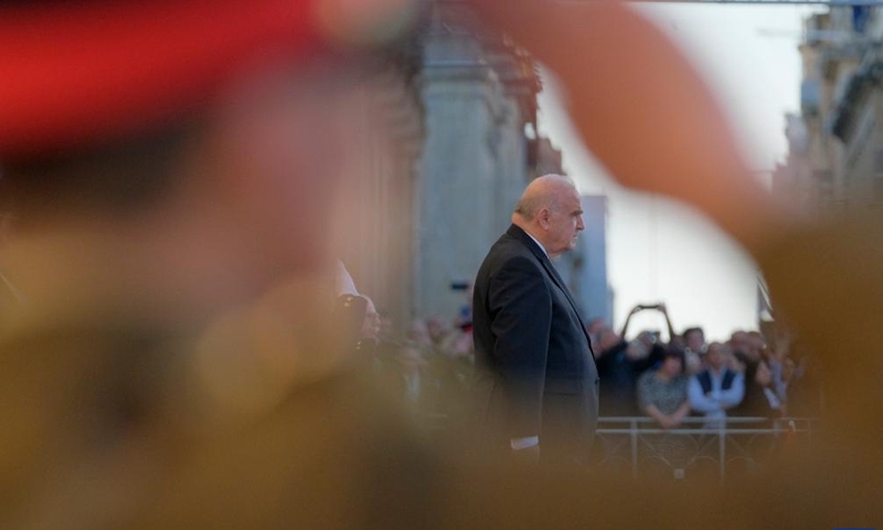 Maltese President George Vella participates in a parade in Valletta, Malta, on April 19, 2023. The Armed Forces of Malta (AFM) commemorated its 50th anniversary with a grand parade in Valletta on Wednesday. (Photo: Xinhua)