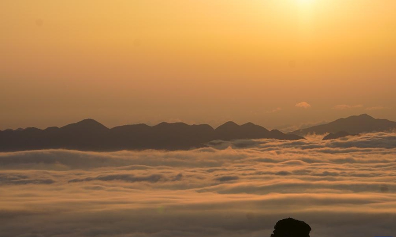This aerial photo taken on April 19, 2023 shows the scenery of sea of clouds at Jinfo Mountain in Nanchuan District of southwest China's Chongqing.(Photo: Xinhua)