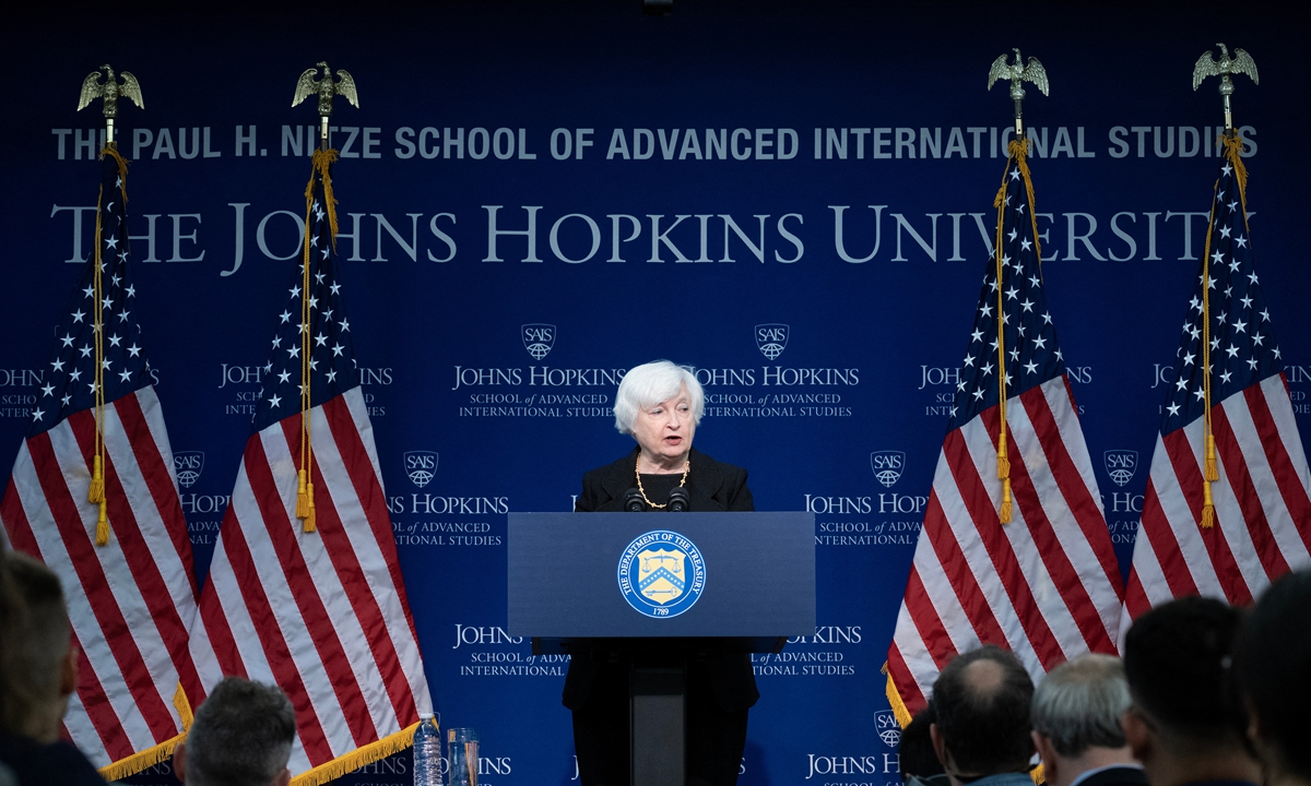 US Treasury Secretary Janet Yellen speaks about the US-China economic relationship at Johns Hopkins University's School of Advanced International Studies in Washington, DC, on April 20, 2023. Photo: AFP