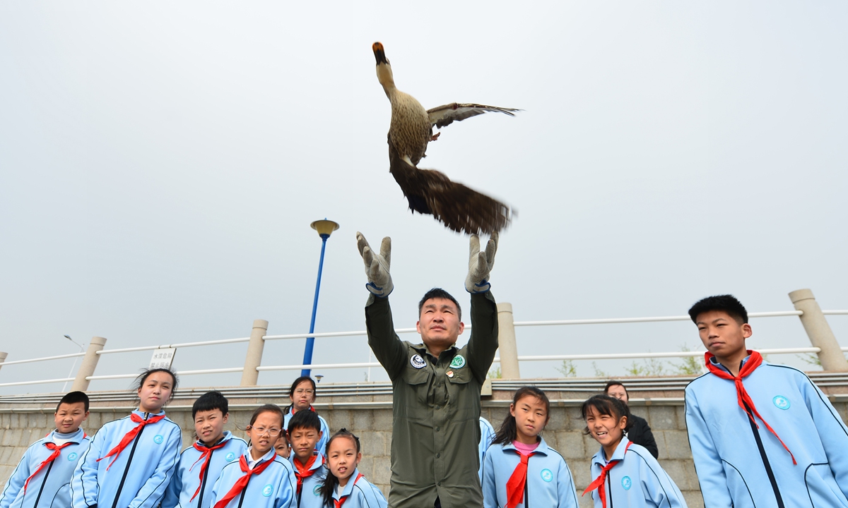 Students and a wildlife conservation volunteer release birds rescued by the Natural Resources Bureau during the 42nd Bird Loving Week in Qingdao, East China's Shandong Province on April 24, 2023. Photo: VCG