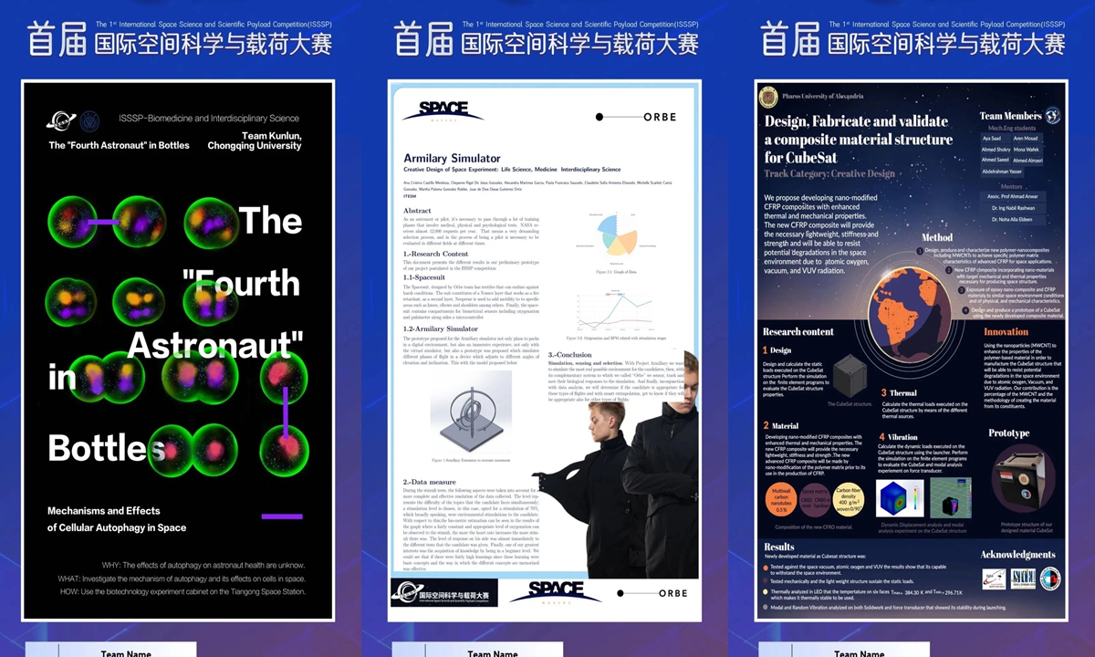 Posters of student groups at the first International Space Science and Scientific Payload Competition, which opens in Foshan, South China's Guangdong Province on May 11, 2023, welcoming youths from across the world to win a 