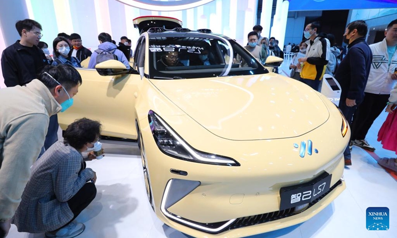 An IM LS7 is displayed at the 20th Shanghai International Automobile Industry Exhibition in Shanghai, east China, April 24, 2023. Global carmakers are battling to showcase their best new energy products at the ongoing Auto Shanghai 2023, mirroring their efforts to gain a share of China's new energy vehicle (NEV) market amid fierce competition.(Photo: Xinhua)