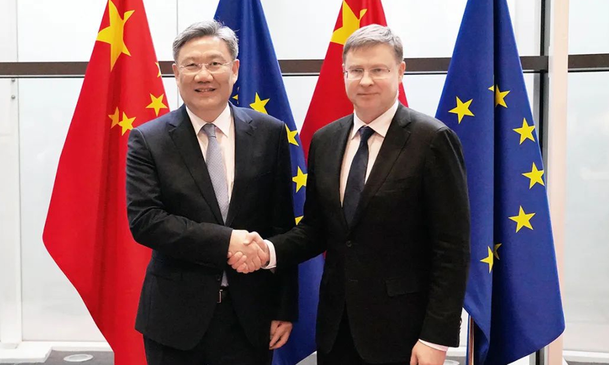Chinese Commerce Minister Wang Wentao on Monday meet with Valdis Dombrovskis, the European Commission's executive vice president and commissioner for trade, in Brussels. Photo: Ministry of Commerce
