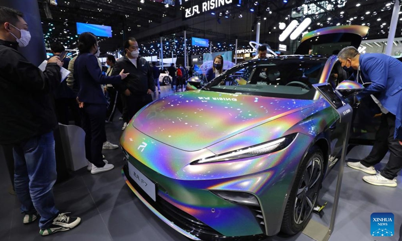 A Rising Auto F7 is displayed at the 20th Shanghai International Automobile Industry Exhibition in Shanghai, east China, April 24, 2023. Global carmakers are battling to showcase their best new energy products at the ongoing Auto Shanghai 2023, mirroring their efforts to gain a share of China's new energy vehicle (NEV) market amid fierce competition.(Photo: Xinhua)