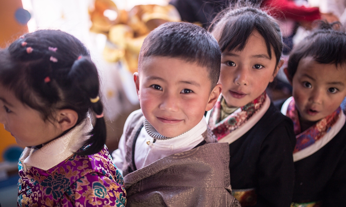 Children wear traditional Tibetan costumes in Lhasa Experiment Kindergarten of Southwest China's Xizang Autonomous Region on March 22, 2023. Photo: Shan Jie/GT