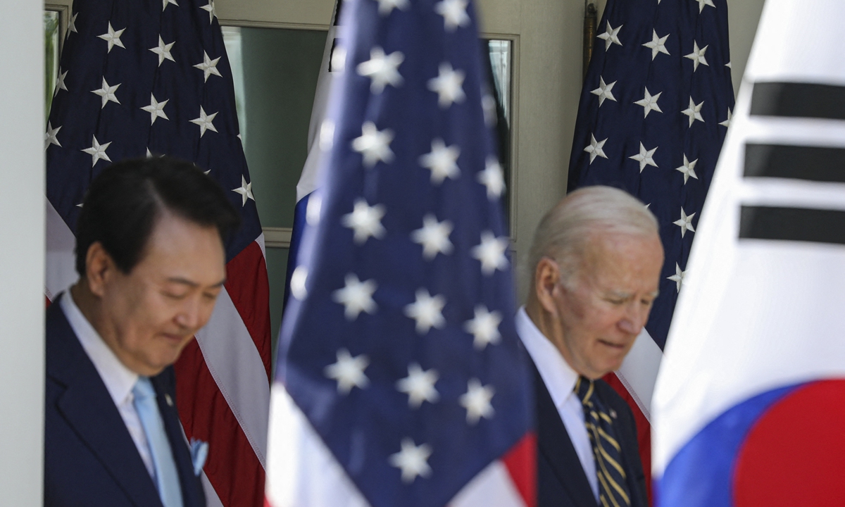 US President Joe Biden and South Korean President Yoon Suk-yeol hold a joint press conference at the White House in Washington D.C., US on April 26, 2023. Photo: IC