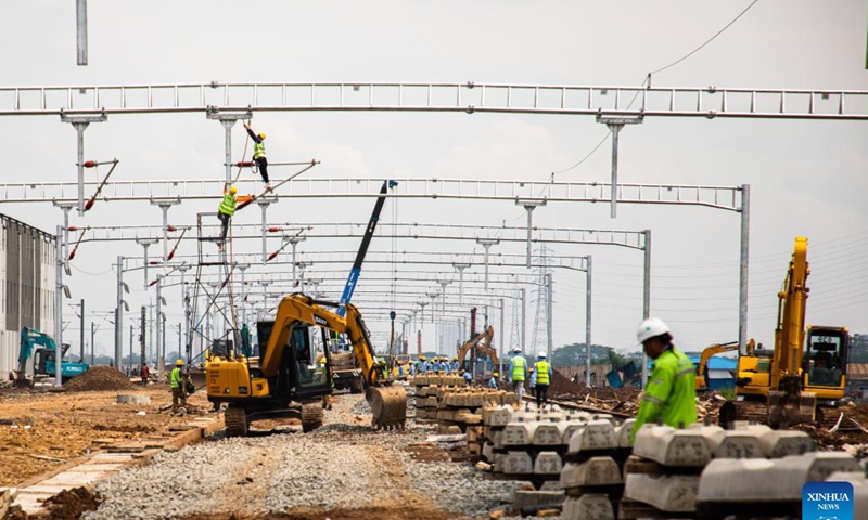 Workers work at a construction site of the Jakarta-Bandung High-Speed Railway in Bandung, Indonesia, May 1, 2023. The high-speed line, a landmark project under the China-proposed Belt and Road Initiative, connects Indonesia's capital Jakarta and another major city Bandung.

With a design speed of 350 km per hour, the railway will cut the journey between Jakarta and Bandung from over three hours to around 40 minutes. (Photo by Ren Weiyun/Xinhua)