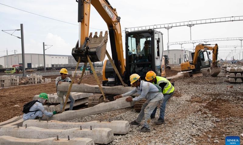 Workers work at a construction site of the Jakarta-Bandung High-Speed Railway in Bandung, Indonesia, May 1, 2023. The high-speed line, a landmark project under the China-proposed Belt and Road Initiative, connects Indonesia's capital Jakarta and another major city Bandung.

With a design speed of 350 km per hour, the railway will cut the journey between Jakarta and Bandung from over three hours to around 40 minutes. (Photo by Ren Weiyun/Xinhua)