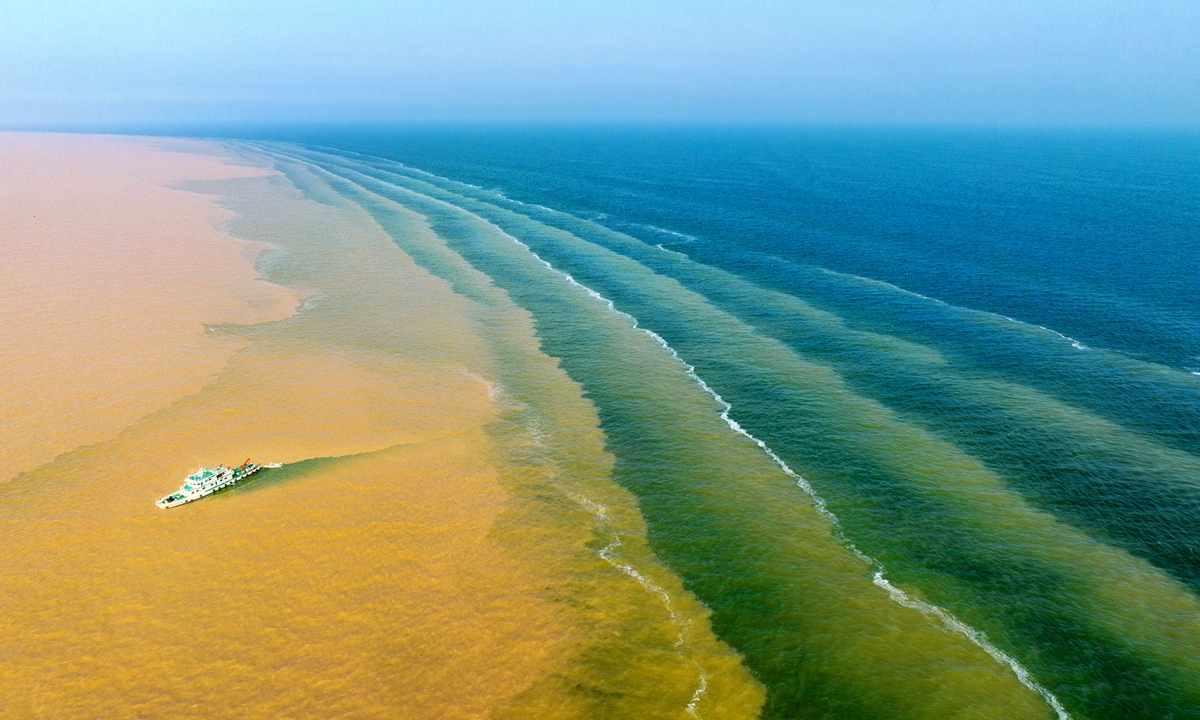 The Yellow River estuary in Dongying, Shandong Province, exhibits a distinct demarcation between seawater and river water on July 27, 2022. Photo: Courtesy of Zhao Liying