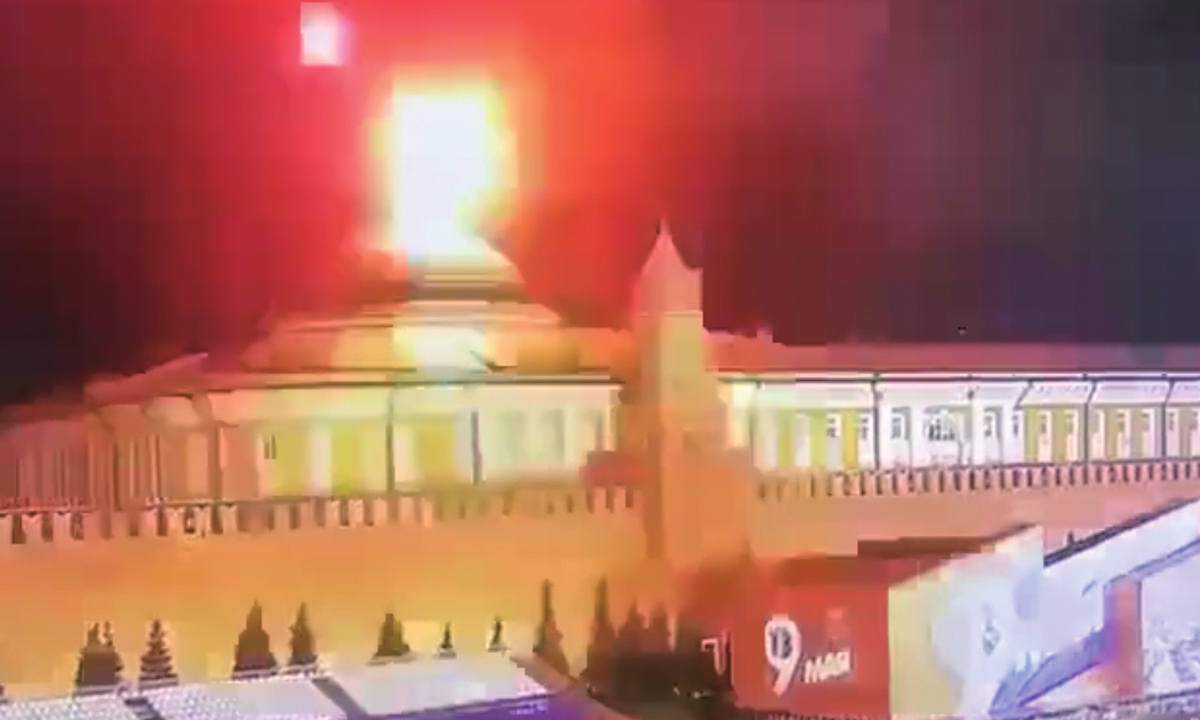 A screenshot from a video shows a flying object exploding near a Kremlin building. Kremlin said on May 3, 2023 that it shot down two drones launched by Ukraine and accused Kiev of attempting to kill Russian President Vladimir Putin. Ukraine denied the accusation and said it had nothing to do with the alleged Kremlin drone attack. Photo: Screenshot of RT video