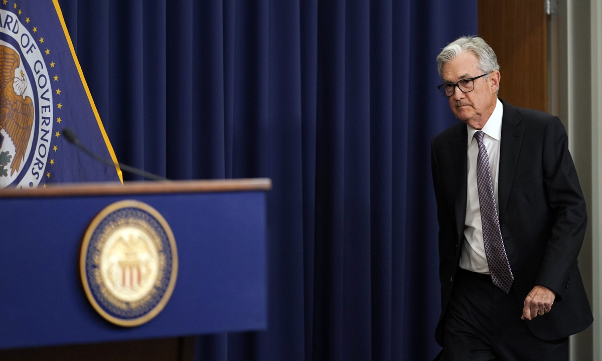Federal Reserve Chairman Jerome Powell arrives for a news conference in Washington, on May 3, 2023, following the Federal Open Market Committee meeting. Powell said that the policy-setting committee thinks it will take time for inflation to come down and it would not be appropriate to cut rates, CNBC reported. Photo: VCG