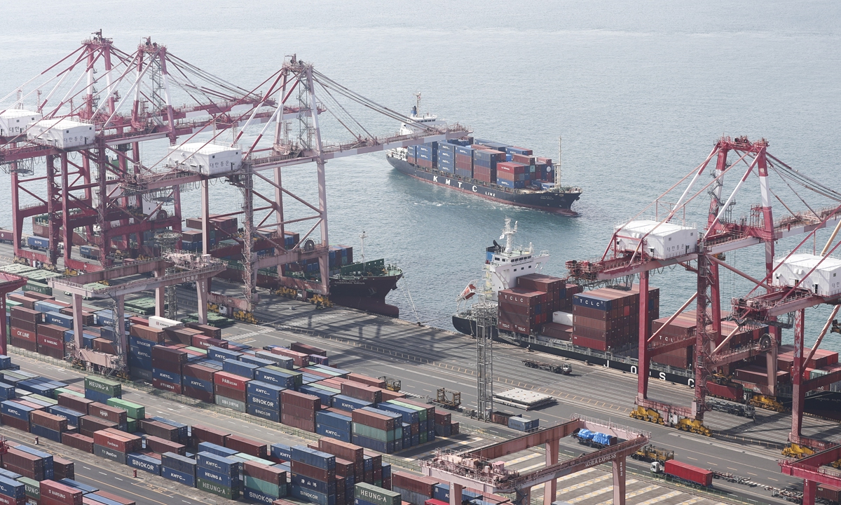A view of containers at the Port of
Busan, the largest port in South
Korea, on February 1, 2023.