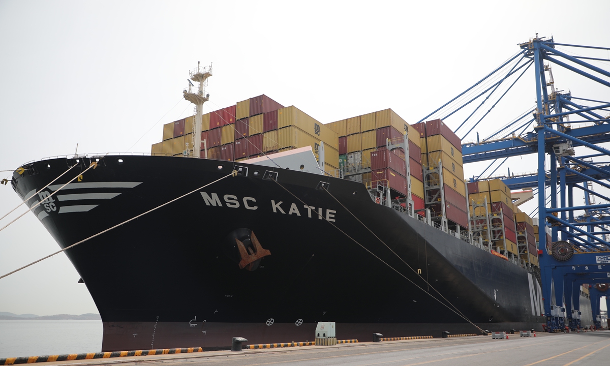 Cargo containership MSC Katie docks at the Dalian container port in Northeast China's Liaoning Province on May 8, 2023. The ship made its maiden voyage the same day, which marks the official opening of the port's western Mediterranean Sea route. The ship can carry 14,000 standard containers. It will travel through the Middle East including Israel and Saudi Arabia and will also stop in major European ports in Spain, France and Italy. Photo: VCG
