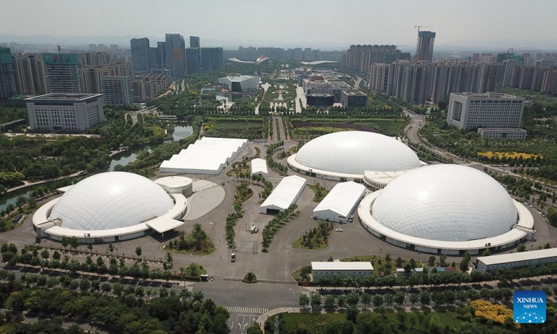 This aerial photo taken on May 8, 2023 shows a view of the Zibo Convention and Exhibition Center in Zhangdian District of Zibo, east China's Shandong Province. Zibo, a city with over 3,000 years of history located in central Shandong Province, is uniquely made up of several districts that are about 20 kilometers from each other but well-connected with traffic lines.(Photo: Xinhua)
