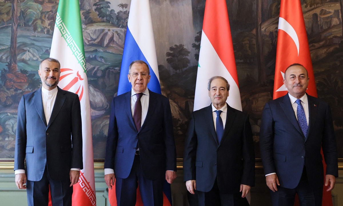 Russian Foreign Minister Sergei Lavrov hosts a meeting with Turkish Foreign Minister Mevlut Cavusoglu, Syrian Foreign Minister Faisal Mekdad and Iranian Foreign Minister Hossein Amir-Abdollahian in Moscow on May 10, 2023. Russia on May 10 proposed a roadmap to normalize ties between Syria and Turkey at the first meeting of their foreign ministers since the start of the Syrian civil war over a decade ago. Photo: VCG