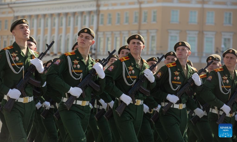 Servicemen take part in a military parade to mark the 78th anniversary of the Soviet Union's victory in the Great Patriotic War in St. Petersburg, Russia, on May 9, 2023. St. Petersburg, the second largest city in Russia, held a series of events on Tuesday, including a military parade and concerts, to commemorate the 78th anniversary of the Soviet Union's victory in the Great Patriotic War(Photo: Xinhua)