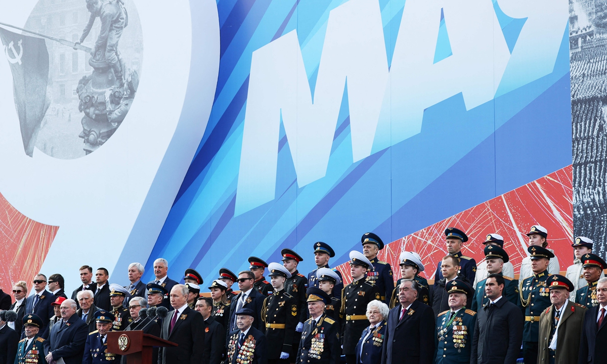 Russian President Vladimir Putin gives a speech during the Victory Day military parade at Red Square in central Moscow on May 9, 2023. Russia is celebrating the 78th anniversary of victory over Nazi Germany during World War II. Photo: VCG
