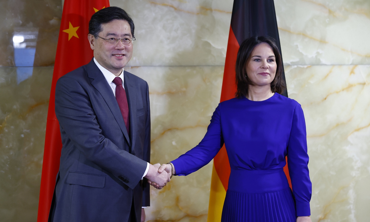 Chinese State Councilor and Foreign Minister Qin Gang (left) shakes hands with German Foreign Minister Annalena Baerbock upon his arrival for talks at the Foreign Ministry of Germany on May 9, 2023 in Berlin, Germany. Photo: VCG