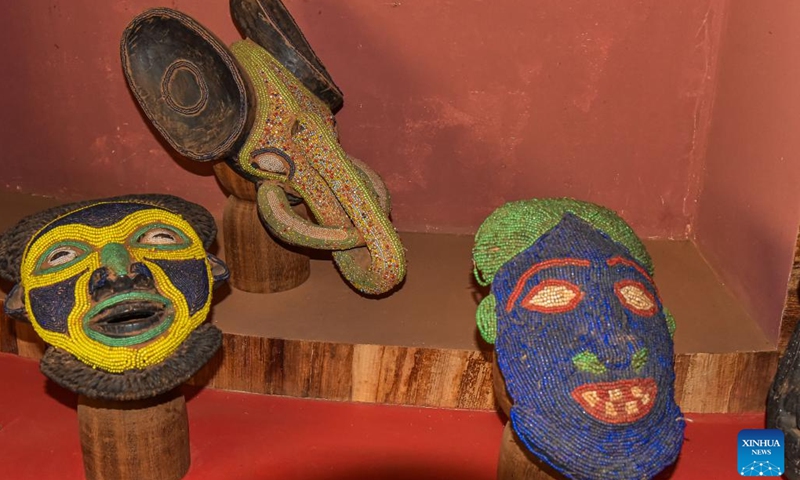 This photo taken on April 10, 2023 shows masks displayed at Cameroon civilization museum in Dschang, Cameroon. With a main building area of about 1,000 square meters, the museum was officially opened to public in 2010.(Photo: Xinhua)