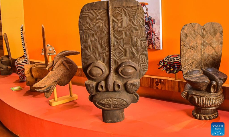 This photo taken on April 10, 2023 shows masks displayed at Cameroon civilization museum in Dschang, Cameroon. With a main building area of about 1,000 square meters, the museum was officially opened to public in 2010.(Photo: Xinhua)