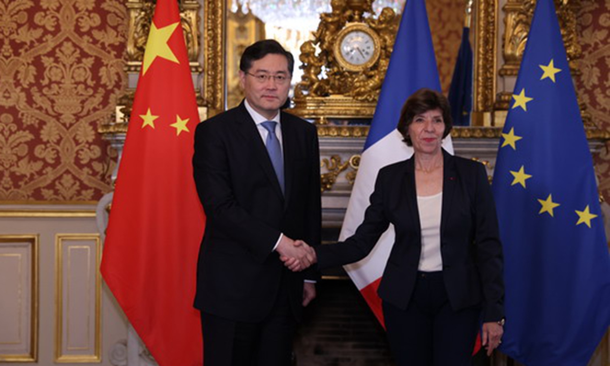 Chinese State Councilor and Foreign Minister Qin Gang and his French counterpart Catherine Colonna hold talks in Paris on May 10, 2023. Photo: Chinese Ministry of Foreign Affairs.