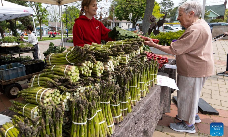A customer shops at a farmers' market in Toronto, Canada, on May 16, 2023. Canada's Consumer Price Index (CPI) rose 4.4 percent year over year in April, following a 4.3 percent increase in March, Statistics Canada said Tuesday.(Photo: Xinhua)
