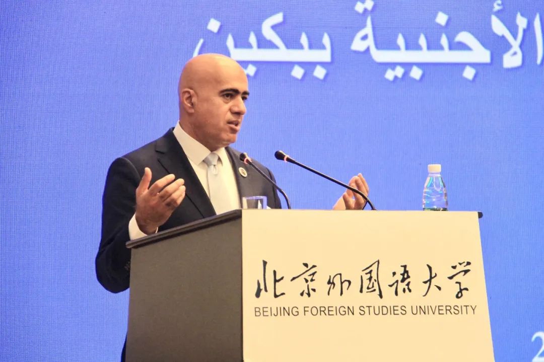 The UAE Ambassador to China Ali Obaid AI Dhaheri delivers a speech at BFSU. Photo: Courtesy of Embassy of the United Arab Emirates in China