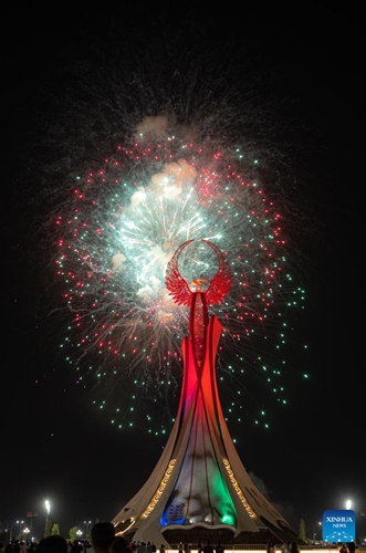 Fireworks are seen during an event marking the Day of Remembrance and Honor in Tashkent, Uzbekistan, May 9, 2023(Photo: Xinhua)