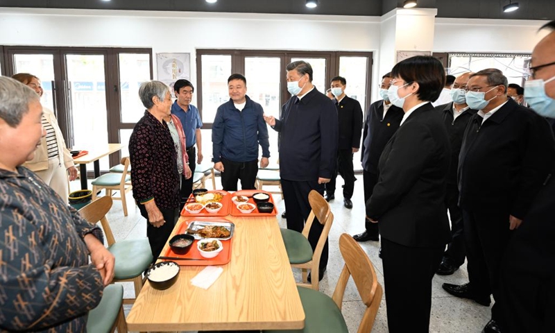 Chinese President Xi Jinping, also general secretary of the Communist Party of China Central Committee and chairman of the Central Military Commission, chats with elderly diners at the dining hall of a residential community in Rongdong District of the Xiong'an New Area, north China's Hebei Province, May 10, 2023. Xi on Wednesday inspected Xiong'an in north China's Hebei Province and presided over a meeting on promoting its development.(Photo: Xinhua)