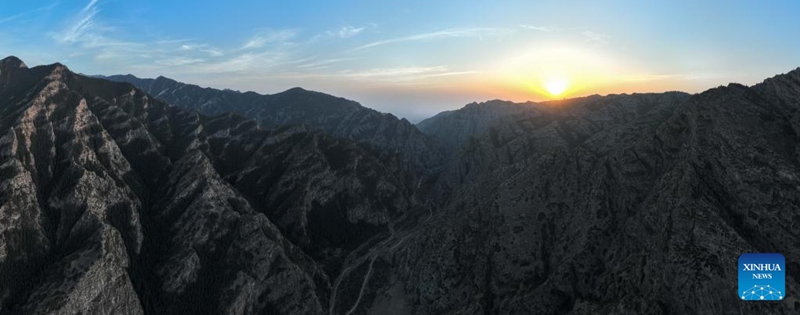 This aerial panoramic photo taken on May 11, 2023 shows the scenery of the Helan Mountain National Nature Reserve in Araxan Left Banner, north China's Inner Mongolia Autonomous Region. (Xinhua/Bei He)